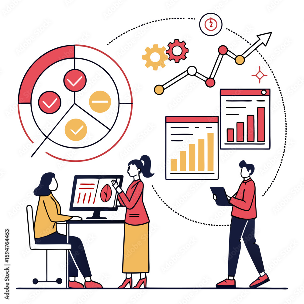 Aufkleber team analyzing data charts and graphs in modern office