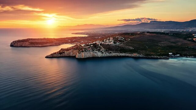 Breathtaking aerial view of Voula on the Athens Riviera during a vibrant sunset, Aerial view of Athens Riviera, Voula, and Attica, famous seascape in Greece