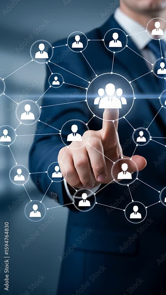 Poster networking: professional man in a suit touches interactive display showcasing team connections, buil