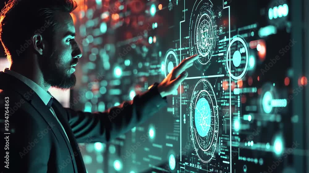 Poster man in suit analyzes interactive holographic interface displaying complex data, man in suit analyzin