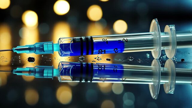 Syringe with needle rests on metallic surface reflecting droplets and soft blue lights, Syringe with needle on reflective metallic surface, close up