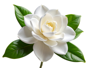 Single White Gardenia Flower in Side Profile with Glossy Green Leaves, isolated on transparent background