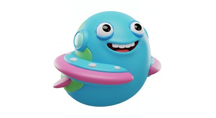 Obraz premium Friendly light blue character with flying saucer