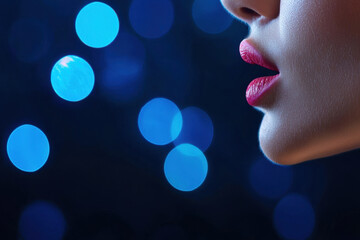 Close up of woman lips with soft focus on blue bokeh lights in background, creating dreamy atmosphere