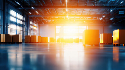 Spacious warehouse with large windows, filled with sunlight, showcasing stacked boxes on pallets, creating warm atmosphere