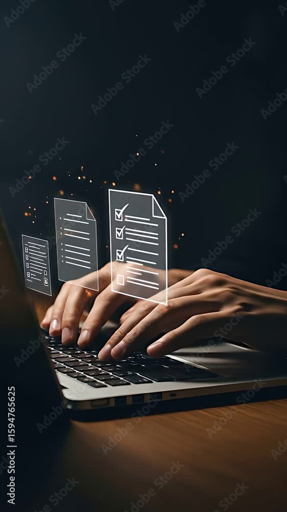 Poster online survey completion: a person thoughtfully fills out digital checklist on laptop, ensuring comp