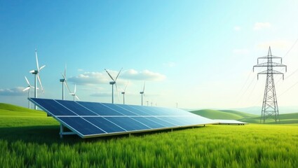 Solar Panel Wind Turbines and Power Lines on Green Grassy Hillside Under Blue Sky