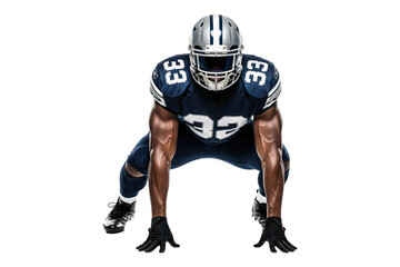 Powerful African American Football Player in Blue Uniform and Helmet in Ready Stance