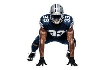 Powerful African American Football Player in Blue Uniform and Helmet in Ready Stance