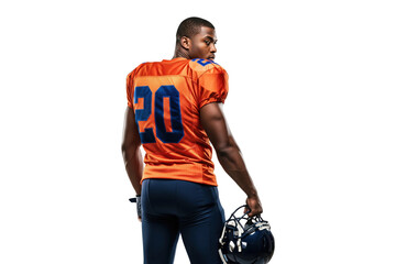 Confident African American Football Player in Orange Uniform Looking Back While Holding Helmet
