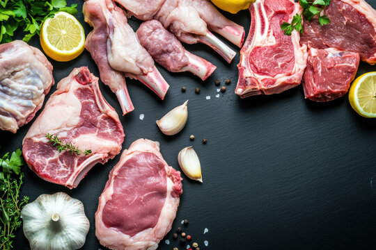 Assorted raw meat cuts including ribeye steaks, lamb chops with bone, lemon, garlic and fresh herbs on dark slate background, premium butcher selection
 - Powered by Adobe