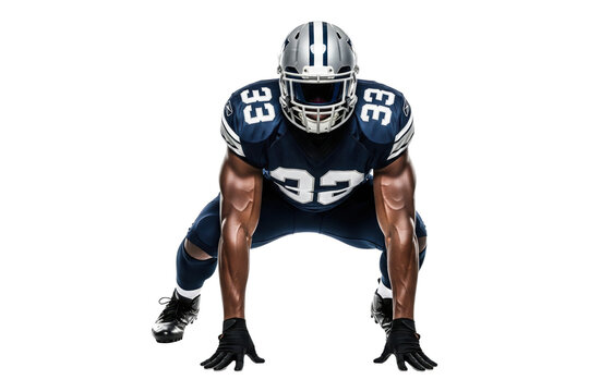 Powerful African American Football Player in Blue Uniform and Helmet in Ready Stance