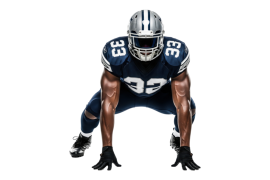 Powerful African American Football Player in Blue Uniform and Helmet in Ready Stance