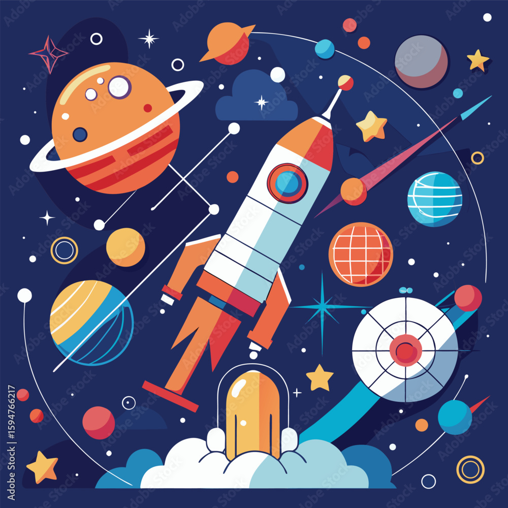 Poster vector space exploration concept with rocket, telescope, orbit lines and abstract constellations in 
