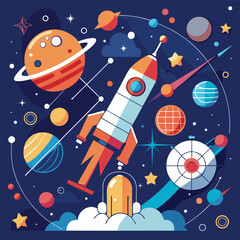 Fototapeta premium Vector space exploration concept with rocket, telescope, orbit lines and abstract constellations in background.eps