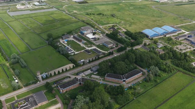 Theather at former millitary airfield base, Valkenburg between Wassenaar, Katwijk and Leiden. The Netherlands. Aerial video.