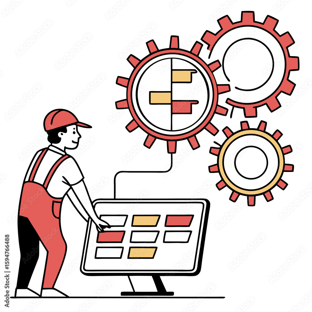 Poster technician adjusting computer system settings with gears