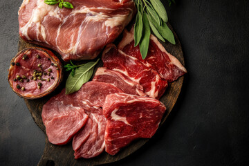 Raw beef steaks with fresh rosemary, black peppercorns, red berries and coarse salt on dark slate background, premium butcher meat ingredients for cooking
