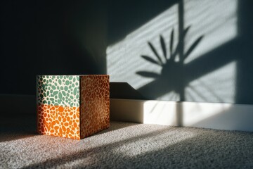 Cubical box casts shadow, sunlight on carpet