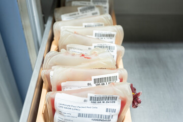Blood bag for safe life emergency patient.Leukocyte poor pack red cell in transfusion bag on a tray...