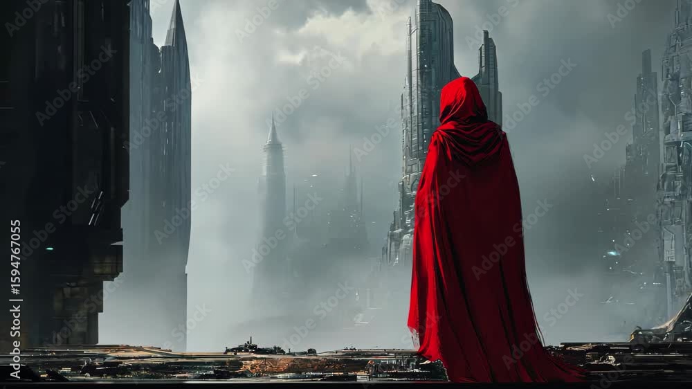 Poster figure in a red cloak standing before a dark futuristic landscape at dusk with towering structures, 