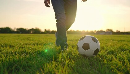 Young Man Juggling Soccer Ball at Stadium Sunset Practicing Freestyle Football