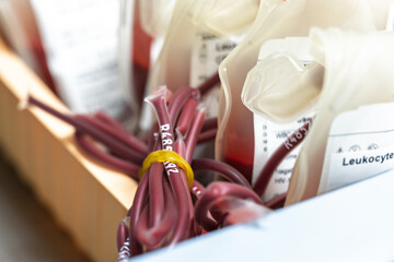 Blood bag for safe life emergency patient.Leukocyte poor pack red cell in transfusion bag on a tray...