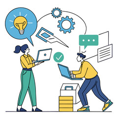 Two Colleagues Collaborate on a Project Using Laptops, Brainstorming Ideas and Solutions