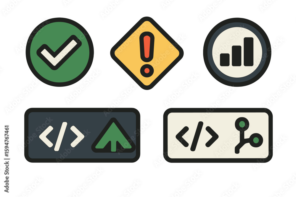 Poster icons representing various concepts in technology, design, and data analysis showcased in a simple l