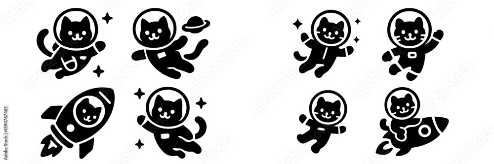 Poster cats in space exploring the universe and having fun with rockets and planets during their adventures