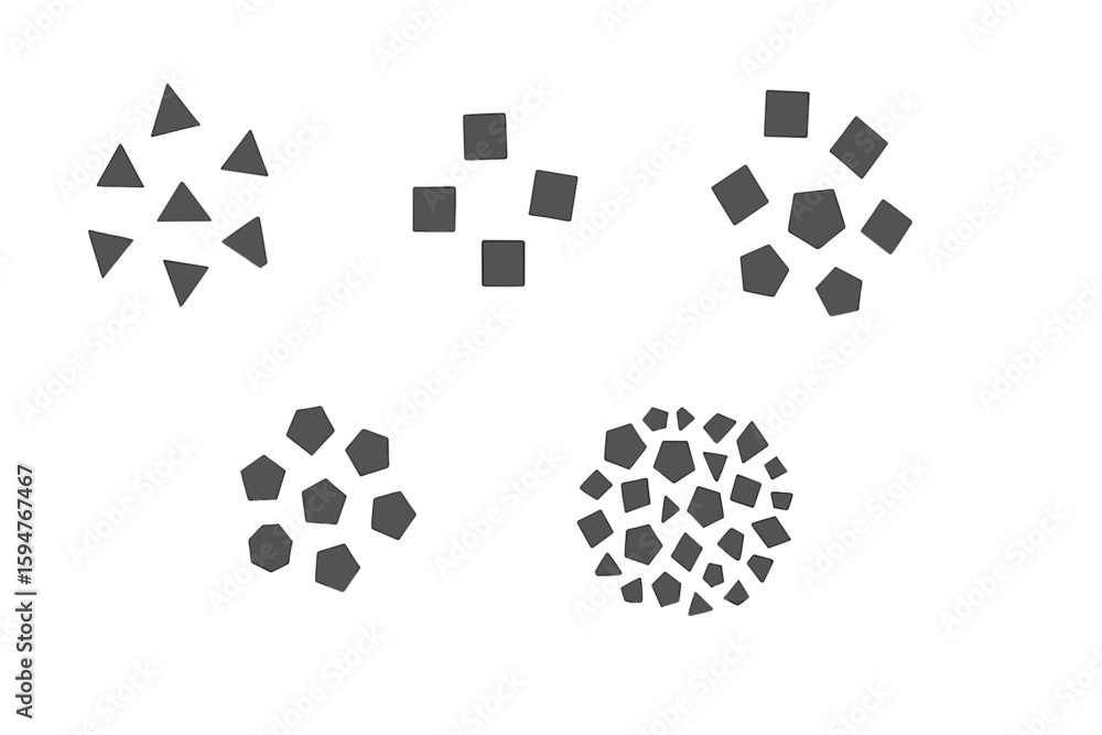 Poster unique geometric shapes arranged in diverse patterns showcasing creativity and design elements in a 