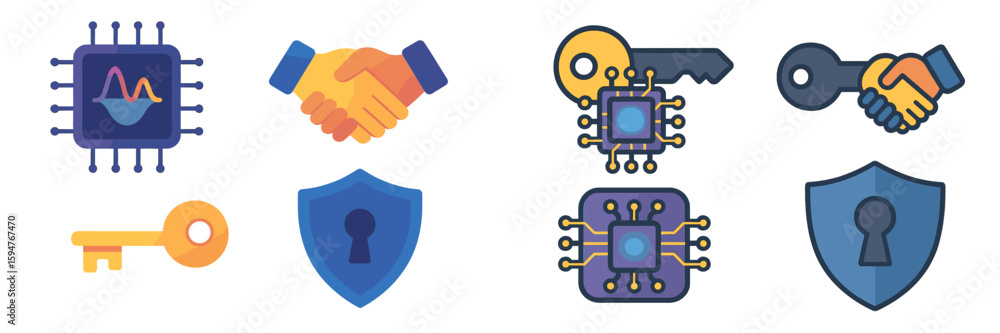 Poster symbols of technology and security representing data protection and trust in digital transactions