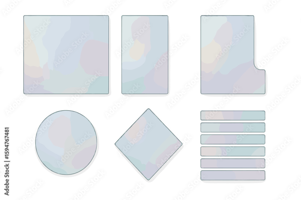 Poster various geometric shapes with translucent pastel hues arranged in an artistic layout suitable for de