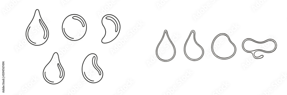 Poster different shapes and sizes of droplets and beans arranged in a creative layout on a white background
