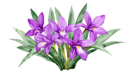 Watercolor botanical illustration of vibrant purple orchids surrounded by green leaves, showcasing natural beauty and elegance