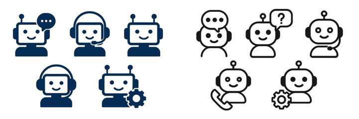 Various illustrations of friendly robots engaging in customer service roles and providing assistance, showcasing technology in communication