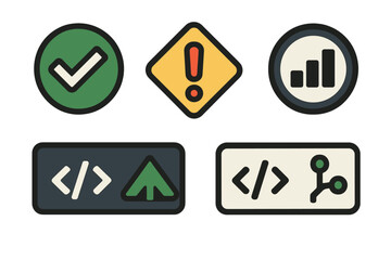 Icons representing various concepts in technology, design, and data analysis showcased in a simple layout