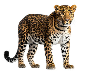 Obraz premium Realistic standing leopard with detailed spotted fur pattern, isolated on transparent background PNG