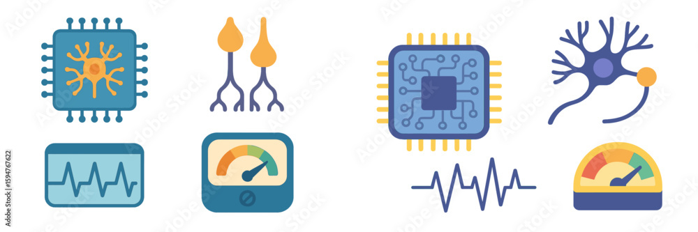 Poster neural networks and circuitry visuals representing artificial intelligence concepts in a colorful de