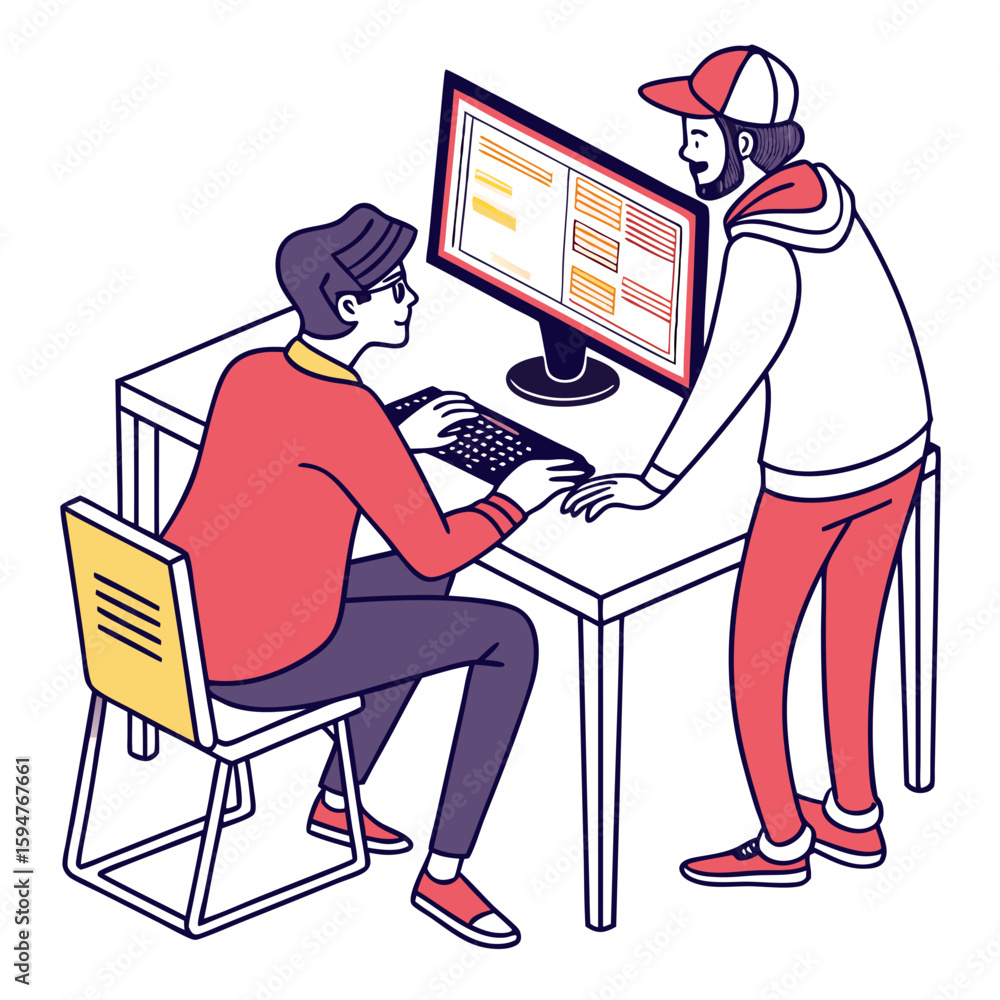 Aufkleber two men collaborating on a programming project at a desk
