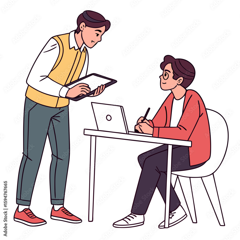 Poster two men collaborating on a project using laptop and tablet