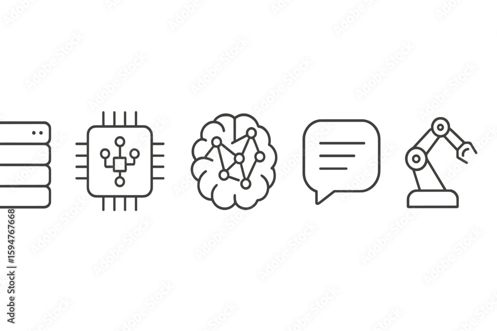 Poster exploring the components of artificial intelligence in a modern digital landscape with symbols repre