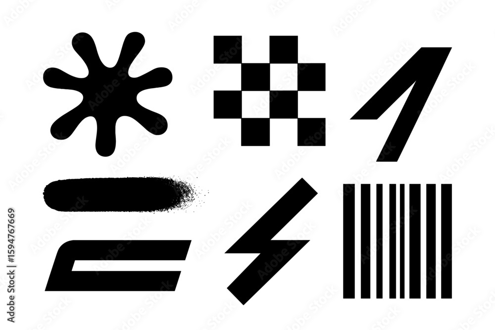 Poster creative display of bold graphic shapes and patterns in simple black design on a white background