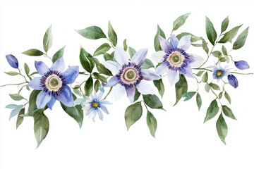 Watercolor botanical illustration featuring vibrant flowers and lush green leaves, evoking sense of tranquility and beauty