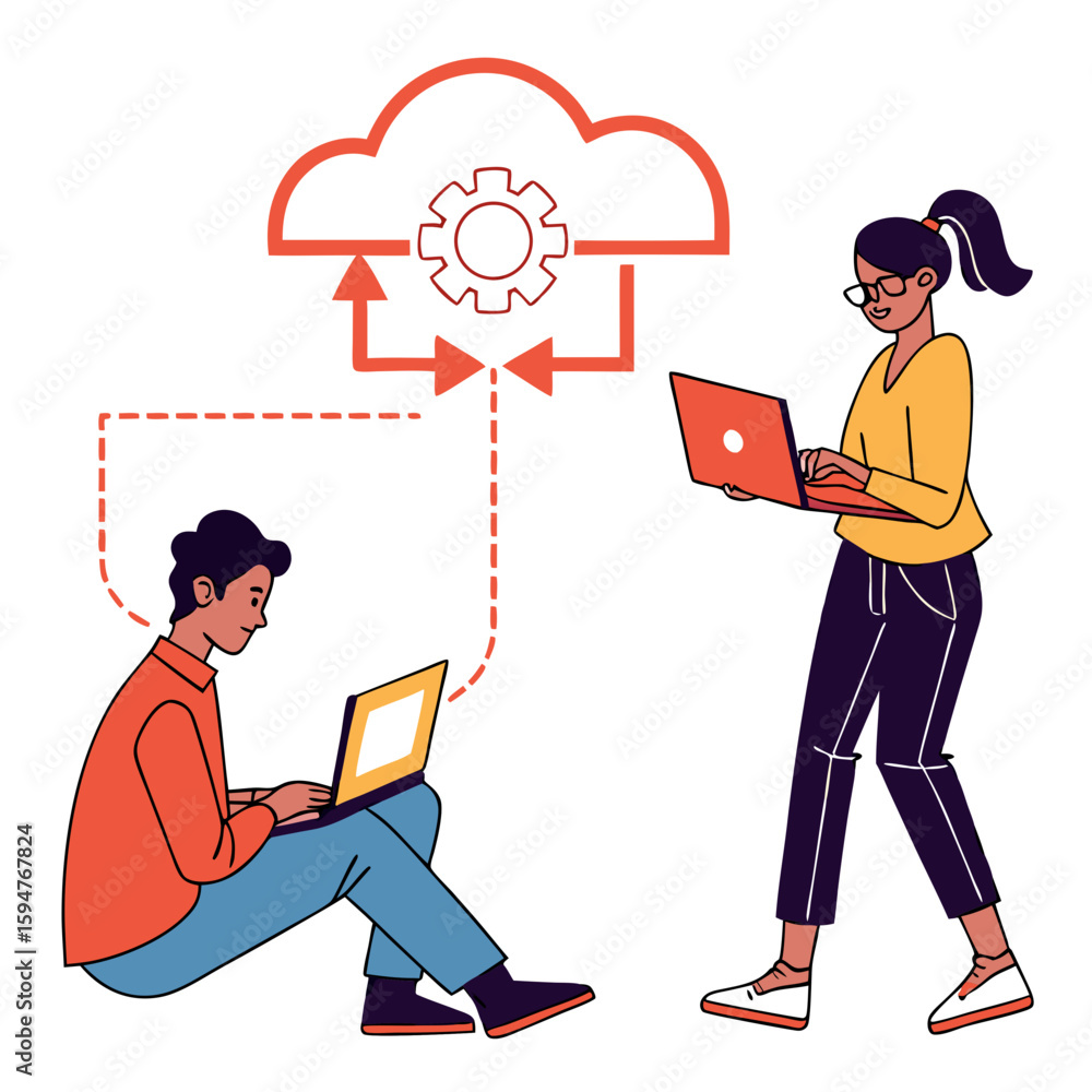 Aufkleber two people collaborate using laptops and cloud computing technology