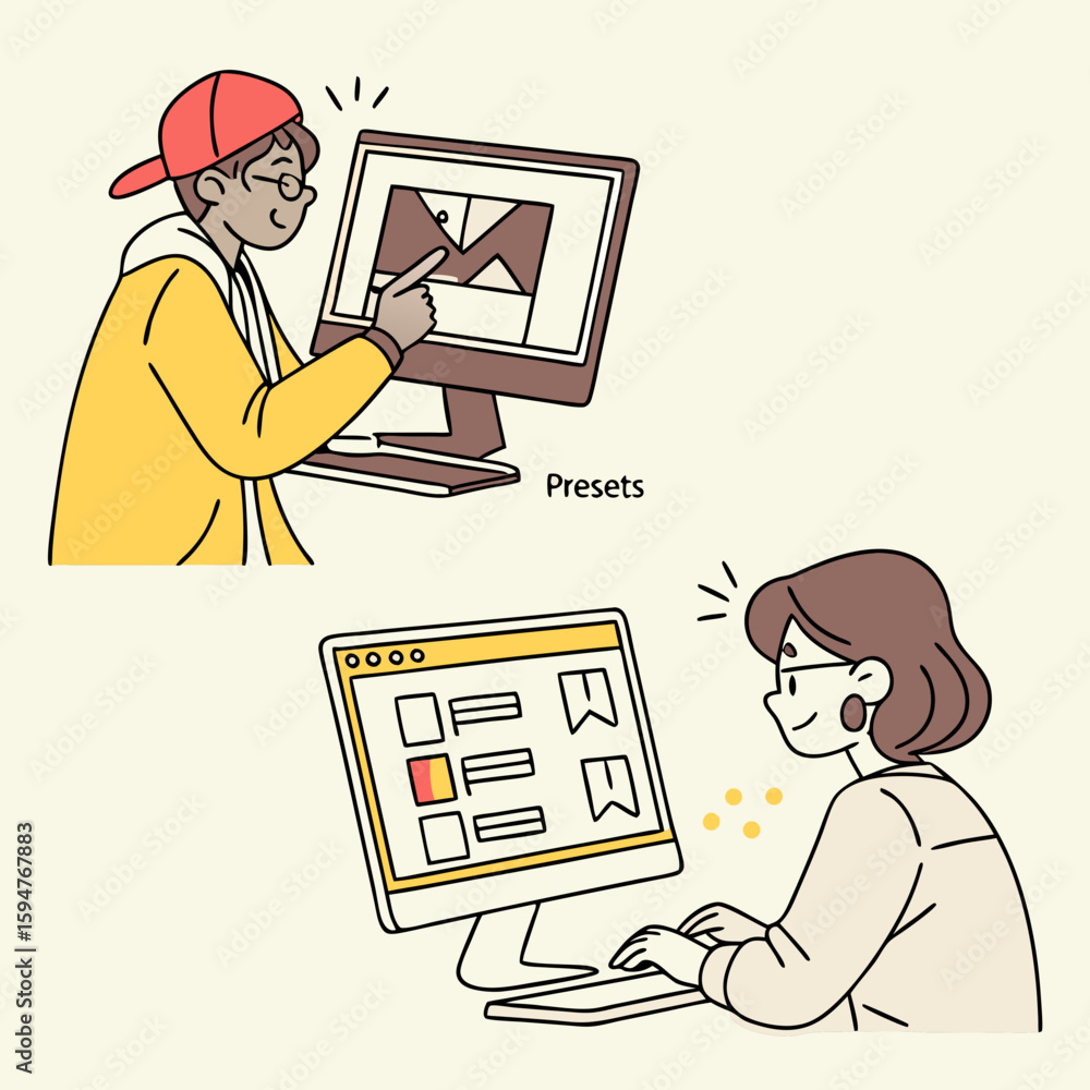 Poster two people using computer software with design presets