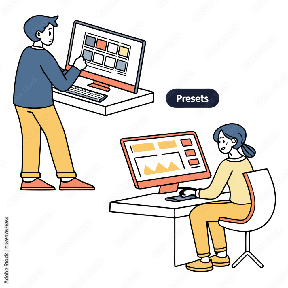 Poster two people working on computers with graphic design presets