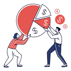 Two People Collaboratively Lifting a Large Pie Chart Representing Financial Teamwork