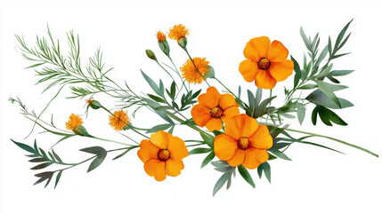 Watercolor botanical illustration of vibrant orange flowers and green leaves, showcasing natural beauty and elegance