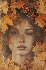 Close-up portrait of woman with freckles surrounded by autumn leaves and berries in her hair, warm, textured autumn composition